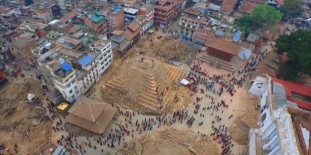 Video taken from a drone Saturday April 25 2015 shows devastation in the Nepalese capital Kathmandu,...