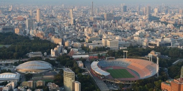 TOKYO, JAPAN - SEPTEMBER 12: Aerial view of National Olympic Stadium(R) which will host the Opening and closing ceremony, Football, athletics and Rugby events, Tokyo Metropolitan Gymnasium(L) which will host the Table tennis events during the Tokyo 2020 Olympic Games on September 12, 2013 in Tokyo, Japan. Tokyo was selected as the site of the 2020 Olympics. (Photo by Atsushi Tomura/Getty Images)