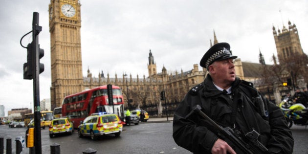 LONDON, ENGLAND - MARCH 22: An armed police officer stands guard near Westminster Bridge and the Houses of Parliament on March 22, 2017 in London, England. A police officer has been stabbed near to the British Parliament and the alleged assailant shot by armed police. Scotland Yard report they have been called to an incident on Westminster Bridge where several people have been injured by a car. (Photo by Jack Taylor/Getty Images)