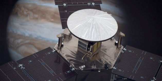 PASADENA, CA - JUNE 30: A 1/4 scale model of the Juno spacecraft is displayed as NASA officials and the public look forward to the Independence Day arrival of the the Juno spacecraft to Jupiter, at JPL on June 30, 2016 in Pasadena, California. After having traveling nearly 1.8 billion miles over the past five years, the NASA Juno spacecraft will arrival to Jupiter on the Fourth of July to go enter orbit and gather data to study the enigmas beneath the cloud tops of Jupiter. The risky $1.1 billion mission will fail if it does not enter orbit on the first try and overshoots the planet. (Photo by David McNew/Getty Images)