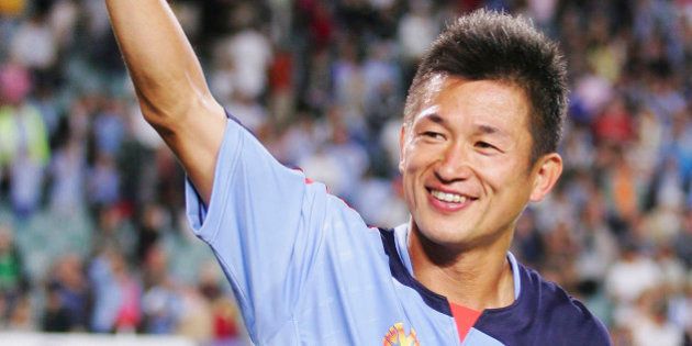 SYDNEY, AUSTRALIA - DECEMBER 03: Kazuyoshi Miura acknowledges the crowd after his last game for Sydney FC during the round 15 Hyundai A-League match between Sydney FC and Melbourne Victory at Aussie Stadium December 3, 2005 in Sydney, Australia. (Photo by Matt King/Getty Images)