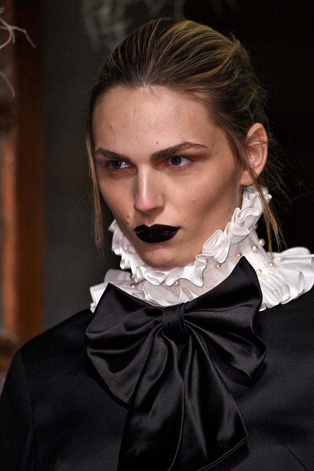 LONDON, ENGLAND - FEBRUARY 23: (BRAZIL OUT, NEW YORK TIMES OUT, T MAGAZINE OUT, UK VOGUE OUT) Andreja Pejic walks the runway at the GILES show during London Fashion Week Fall/Winter 2015/16 at Central Saint Martins on February 23, 2015 in London, England. (Photo by Victor VIRGILE/Gamma-Rapho via Getty Images)