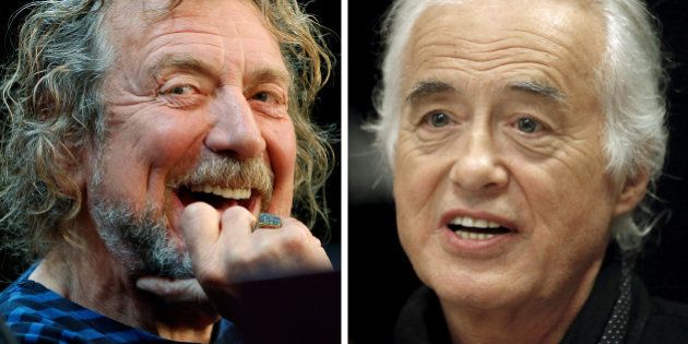 FILE PHOTO -- Lead singer Robert Plant (L) and guitarist Jimmy Page of British rock band Led Zeppelin are seen October 9, 2012 and July 21, 2015 in New York and Toronto in this combination file photo. REUTERS/Carlo Allegri, Hans Deryk/File photos