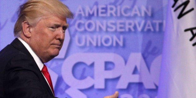 NATIONAL HARBOR, MD - FEBRUARY 24: U.S. President Donald Trump acknowledges the crowd after he addressed the Conservative Political Action Conference at the Gaylord National Resort and Convention Center February 24, 2017 in National Harbor, Maryland. Hosted by the American Conservative Union, CPAC is an annual gathering of right wing politicians, commentators and their supporters. (Photo by Alex Wong/Getty Images)