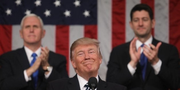 WASHINGTON, USA - FEBRUARY 28: (----EDITORIAL USE ONLY MANDATORY CREDIT - 'JIM LO SCALZO / EPA / POOL' - NO MARKETING NO ADVERTISING CAMPAIGNS - DISTRIBUTED AS A SERVICE TO CLIENTS----) US President Donald J. Trump delivers his first address to a joint session of Congress from the floor of the House of Representatives in Washington, United States on February 28, 2017. Traditionally the first address to a joint session of Congress by a newly-elected president is not referred to as a State of the Union. (Photo by Jim Lo Scalzo/EPA/Pool/Anadolu Agency/Getty Images)