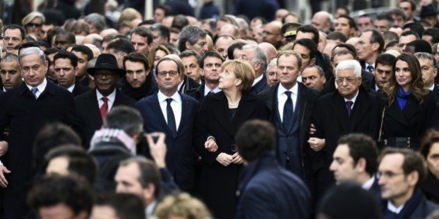 From left : Israeli Prime Minister Benjamin Netanyahu, Malian President Ibrahim Boubacar Keita, French President Francois Hollande, German Chancellor Angela Merkel, European Union President Donald Tusk, Palestinian president Mahmud Abbas, and Jordan's Queen Rania along with other officials and heads of states take part in a Unity rally 'Marche Republicaine' on January 11, 2015 in Paris in tribute to the 17 victims of the three-day killing spree. The killings began on January 7 with an assault on the Charlie Hebdo satirical magazine in Paris that saw two brothers massacre 12 people including some of the country's best-known cartoonists and the storming of a Kosher supermarket on the eastern fringes of the capital which killed 4 local residents. AFP PHOTO / ERIC FEFERBERG (Photo credit should read ERIC FEFERBERG/AFP/Getty Images)