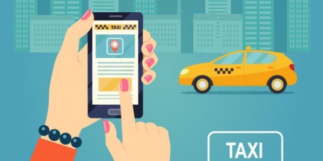 Taxi service. Smartphone and touchscreen, city skyscrapers. Vector flat illustration.