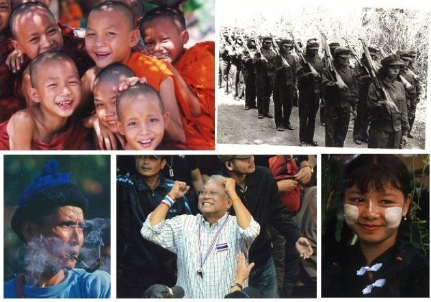 左上から時計回りに、タイの子ども僧▽ポル・ポト派の女性兵士▽「タナカ」と呼ばれる白粉を塗るミャンマーの女性▽反タクシン派のステープ元副首相▽少数民族の男（いずれも瀬戸正夫さん撮影）