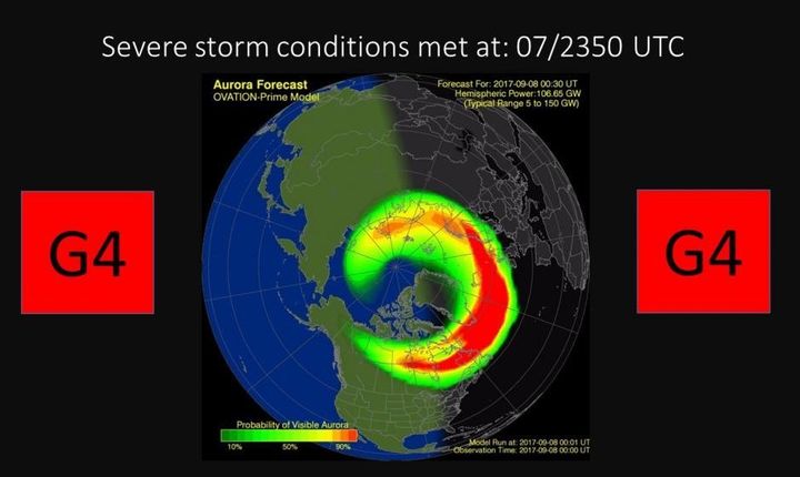 NOAAが発表した磁気嵐のマップ（日本時間9月8日午前8時50分ごろに発生）