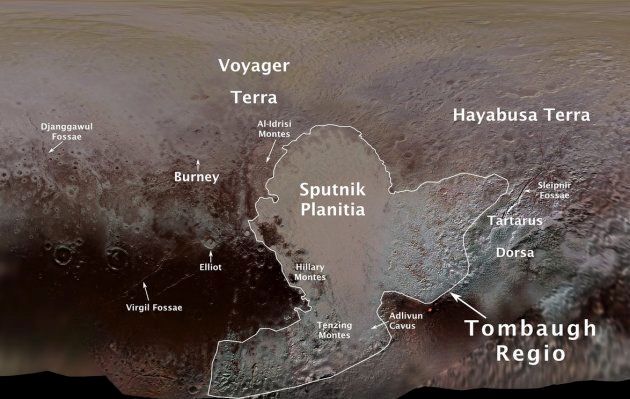 IAUが命名した冥王星の地形。ハート型の右上に「はやぶさ大地（Hayabusa Terra）」がある。