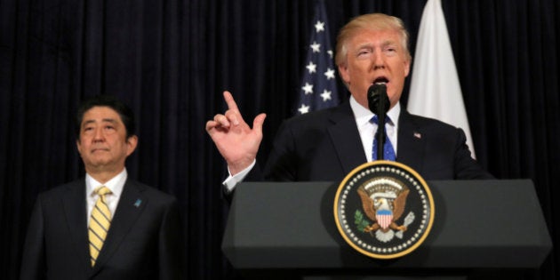 U.S. President Donald Trump delivers remarks on North Korea accompanied by Japanese Prime Minister Shinzo Abe at Mar-a-Lago club in Palm Beach, Florida U.S., February 11, 2017. REUTERS/Carlos Barria