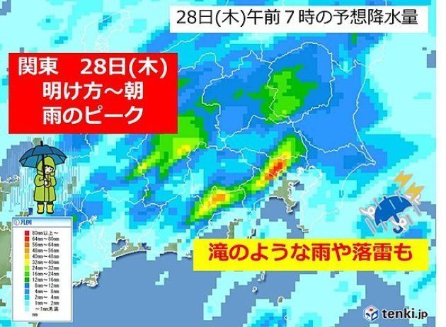 あす28日(木)、関東地方の雨のピークは明け方から朝です。カミナリを伴って非常に激しく降る所もあるでしょう。沿岸部は風も強く、横なぐりの雨に。一部、交通機関が乱れる可能性もあります。