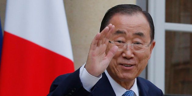 United Nations Secretary-General Ban Ki-moon, waves to the media after a working lunch with French President Francois Hollande the Elysee Palace in Paris, France, after a working lunch Aug. 25, 2015. Hollande says his country should be prepared for more attacks such as the thwarted assault on a high-speed train last week. (AP Photo/Michel Euler)