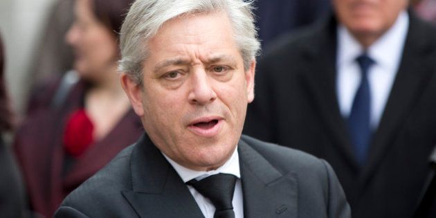 Speaker of the House of Commons John Bercow leaves the funeral of British Labour politician Tony Benn at St Margaret's Church, Westminster Abbey in London March 27, 2014. Veteran British Labour politician Tony Benn, who was born into the aristocracy but became a champion of the left died on March 14 aged 88. REUTERS/Neil Hall (BRITAIN)