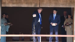 バサァ…トランプ大統領、コイの餌やりが豪快すぎる