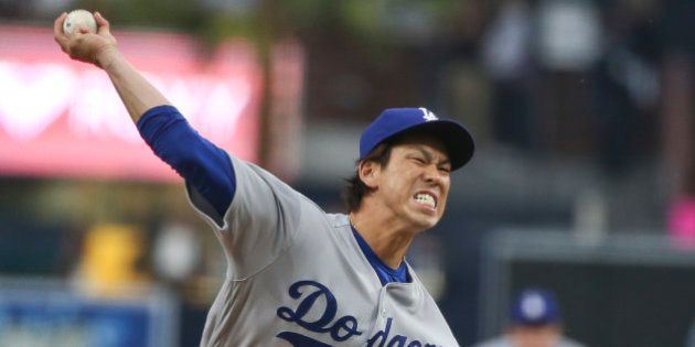 Los Angeles Dodgers starting pitcher Kenta Maeda throws against the San Diego Padres in the first inning of a baseball game Wednesday, April 6, 2016, in San Diego. (AP Photo/Lenny Ignelzi)
