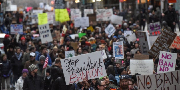 People participate in a protest against President Donald Trump's travel ban in New York City, U.S. January 29, 2017. REUTERS/Stephanie Keith