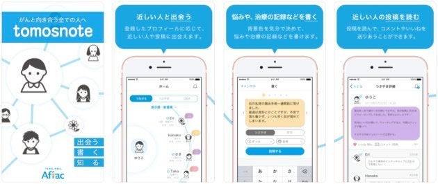 「tomosnote」の機能は大きく「つながる」「みつける」「記録する」の3つを備える。投稿内容は「ずっと表示」・「24時間で消える」・「すぐ消す」から選べる。「すぐ消す」でやりきれない気持ちを吐き出したりすることもできる。