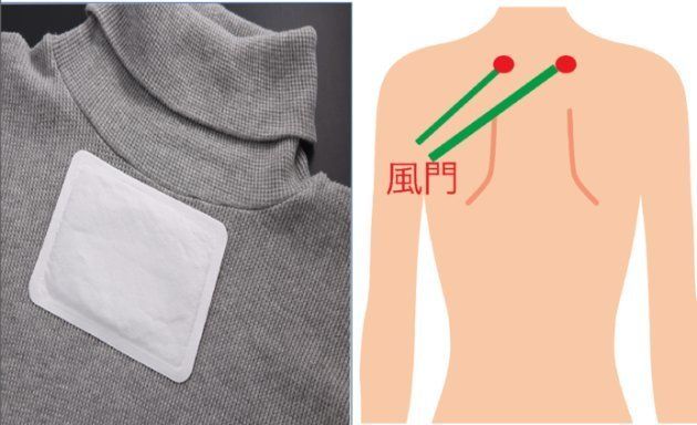 肌に直接ではなく洋服の上から貼りましょう（左）。体を温めるツボ「風門」（右）