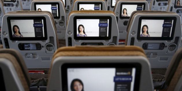 A view of the inflight entertainment screen on the back of economy class seats on the first of 67 new Airbus A350-900 planes delivered to Singapore Airlines at Singapore's Changi Airport March 3, 2016. REUTERS/Edgar Su/File Photo