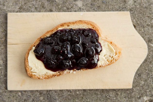 Close up of blueberry jam on bread