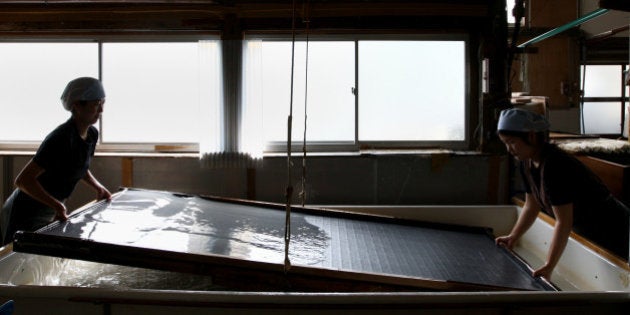 FUKUI, JAPAN - JULY 04: Workers filter pulp at a mill that produces handmade paper at Iwano Heizaburo Seishi Sho Company in Echizen paper village on July 4, 2011 in Fukui, Japan. Washi paper is a tough paper, used for traditional Japanese arts such as Origami and Shodo, most commonly made from bark of the mulberry, gampi or mitsumata. The paper milling process is a traditional craft of the Echizen people dating back 1500 years which continues today along with modern paper manufacturing. Echizen city is home to many paper businesses, as well as the cultural museum of paper and papyrus centre where visitors can make their own paper. (Photo by Buddhika Weerasinghe/Getty Images)