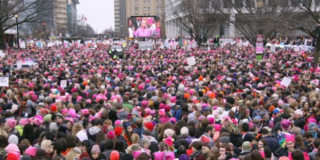 Hundreds of thousands of people take part in the Women's March in Washington on Jan. 21, 2017, to protest U.S. President Donald Trump a day after he took office. (Photo by Kyodo News via Getty Images)