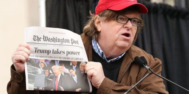 WASHINGTON, DC - JANUARY 21: Michael Moore speaks at the rally at the Women's March on Washington on January 21, 2017 in Washington, DC. (Photo by Paul Morigi/WireImage)