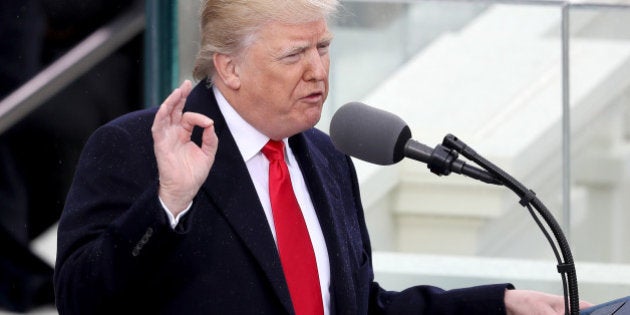 WASHINGTON, DC - JANUARY 20: President Donald Trump delivers his inaugural address on the West Front of the U.S. Capitol on January 20, 2017 in Washington, DC. In today's inauguration ceremony Donald J. Trump becomes the 45th president of the United States. (Photo by Joe Raedle/Getty Images)