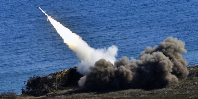 PRIMORYE TERRITORY, RUSSIA. APRIL 21, 2016. A Bal coastal missile system launches a Kh-35 anti-ship missile during exercises held by Russia's Eastern Military District units at Klerk range. Yuri Smityuk/TASS (Photo by Yuri Smityuk\TASS via Getty Images)
