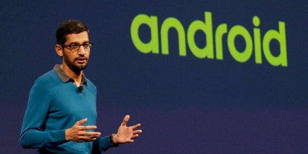 Sundar Pichai, senior vice president of Android, Chrome and Apps, speaks during the Google I/O 2015 keynote presentation in San Francisco, Thursday, May 28, 2015. (AP Photo/Jeff Chiu)