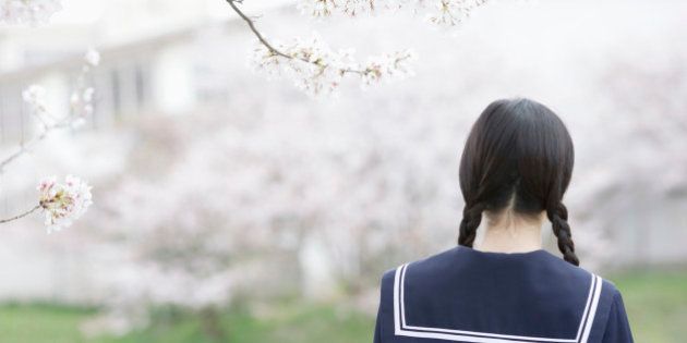Teenage girl in school uniform standing by cherry tree, rear view