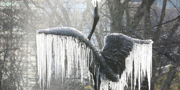 25日の朝、厳しい冷え込みとなった東京・日比谷公園で「鶴の噴水」につららが下がった。都心で氷点下4度を記録するのは48年ぶりで、今冬一番の寒さとなった。