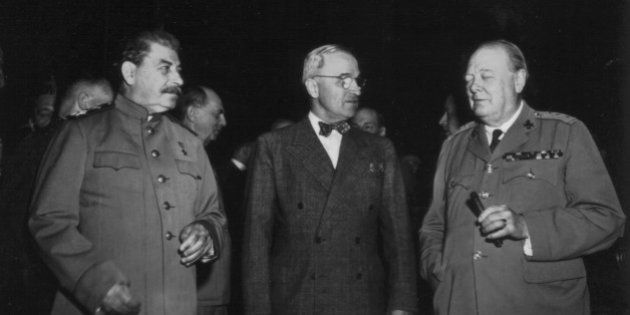 Potsdam conference. Truman, Stalin and Churchill, 1945, World War II, National Archives - Washington, . (Photo by: Photo12/UIG via Getty Images)