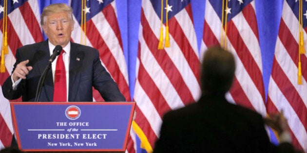 NEW YORK, Jan. 11, 2017 -- U.S. President-elect Donald Trump speaks during a news conference in New York, the United States, on Jan. 11, 2017. U.S. President-elect Donald Trump met the press Wednesday for the first news conference since the election. (Xinhua/Gary Hershorn via Getty Images)