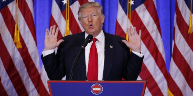 U.S. President-elect Donald Trump speaks during a news conference in the lobby of Trump Tower in Manhattan, New York City, U.S., January 11, 2017. REUTERS/Lucas Jackson