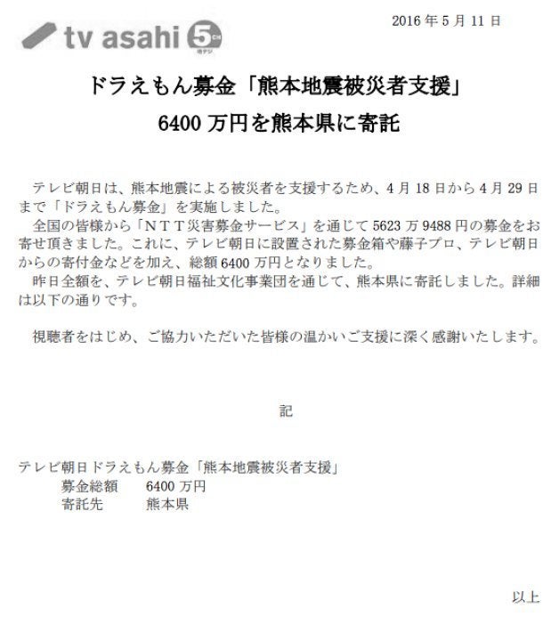 ドラえもん募金は被災地に届かず朝鮮へ デマがtwitterで拡散 テレ朝が全面否定 ハフポスト