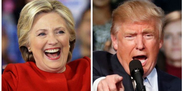 This combination of photos taken at late-night campaign rallies shortly after midnight on Tuesday, Nov. 8, 2016, shows Democratic presidential candidate Hillary Clinton in Raleigh, N.C., and Republican presidential candidate Donald Trump in Grand Rapids, Mich. A polarized America went to the polls Tuesday to pick its 45th president. (AP Photo/Gerry Broome, Paul Sancya)