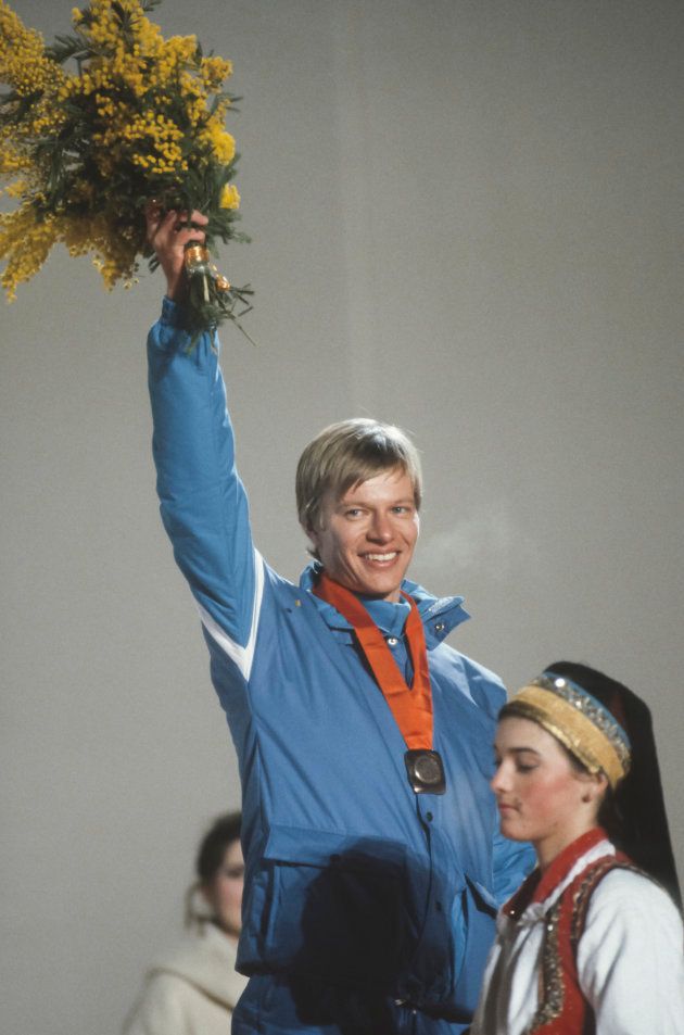 SARAJEVO, YUGOSLAVIA - FEBRUARY 13: Harri Kirvesniemi #37 of Finland waves to the crowd during the awards ceremony for the Men's 15k race of the Cross Country Skiing competition in the 1984 Winter Olympics held on February 13, 1984 at Igman Velko Polje near Sarajevo, Yugoslavia. Kirvesniemi won the silver medal in the 15k, as well as a bronze in the 4 x 10k relay event of this Olympics. (Photo by David Madison/Getty Images)