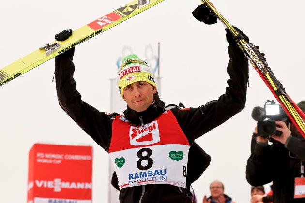 RAMSAU, AUSTRIA - DECEMBER 16: (FRANCE OUT) Mario Stecher of Austria takes 3rd place during the FIS Nordic Combined World Cup HS98/10km December 16, 2012 in Ramsau, Austria. (Photo by Stanko Gruden/Agence Zoom/Getty Images)