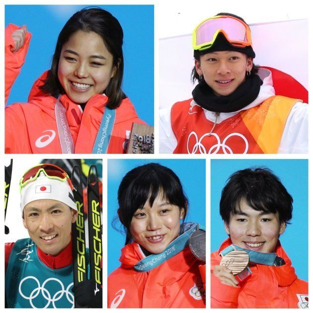 2月14日までにメダルを獲得した日本人選手。（左上から時計回りで）高梨沙羅、平野歩夢、渡部暁斗、高木美帆、原大智（敬称略）