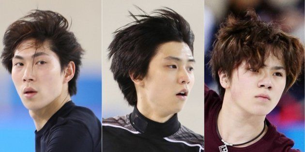 16日のフィギュアスケート男子ショートプログラムに出場予定の羽生結弦（中央）、宇野昌磨（右）、田中刑事の3選手