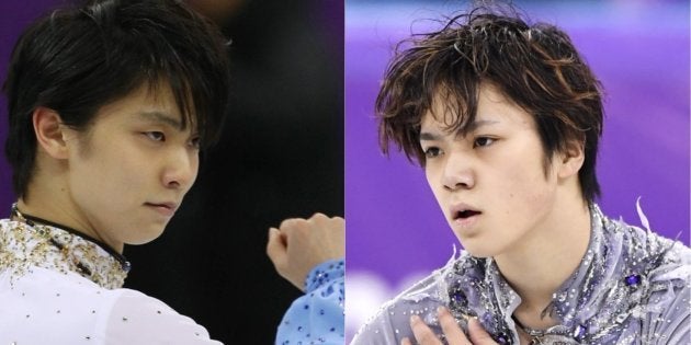 フィギュアスケート男子ショートプログラムで1位になった羽生結弦選手(左)と3位の宇野昌磨選手