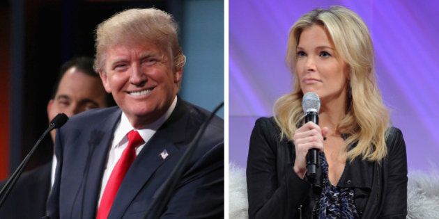 (FILE PHOTO) In this composite image a comparison has been made between Donald Trump (L) and Megyn Kelly ***LEFT IMAGE*** CLEVELAND, OH - AUGUST 06: Republican presidential candidate Donald Trump participates in the first prime-time presidential debate hosted by FOX News and Facebook at the Quicken Loans Arena August 6, 2015 in Cleveland, Ohio. The top-ten GOP candidates were selected to participate in the debate based on their rank in an average of the five most recent national political polls. (Photo by Chip Somodevilla/Getty Images) **RIGHT IMAGE*** NEW YORK, NY - NOVEMBER 08: (L-R): Megyn Kelly, FOX News Channel Anchor speaks onstage during Cosmopolitan Magazine's Fun Fearless Life Conference powered by WME Live at The David Koch Theatre at Lincoln Center on November 8, 2014 in New York City. (Photo by Craig Barritt/Getty Images for Cosmopolitan Magazine and WME Live)