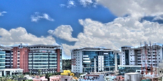 This is Bagmane Tech Park, Bangalore. The view is from the terrace of my apartment. My first attempt at HDR. Not sure whether the clouds are looking nice or bad :)