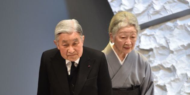 Japanese Emperor Akihito (L) and Empress Michiko (R) bow towards the audience as they leave the national memorial service for the victims of the March 11, 2011 earthquake and tsunami at the national memorial service in Tokyo on March 11, 2016.Japan paused on March 11 to mark five years since an offshore earthquake spawned a monster tsunami that left about 18,500 people dead or missing along its northeastern coast. / AFP / POOL / POOL / KAZUHIRO NOGI (Photo credit should read POOL / KAZUHIRO NOGI/AFP/Getty Images)