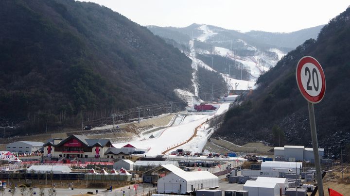平昌オリンピックのアルペンスキー競技場＝2018年2月19日、韓国・チョンソン郡