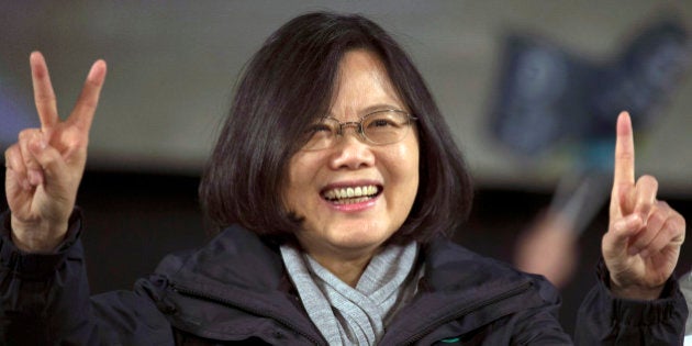 Tsai Ing-wen presidential candidate of Taiwan's Democratic Progressive Party, gestures during a rally in Taoyuan district of Taipei, Taiwan, Thursdy, Jan. 14, 2016. Taiwan will hold its presidential election on Jan. 16, 2016. (AP Photo/Ng Han Guan)