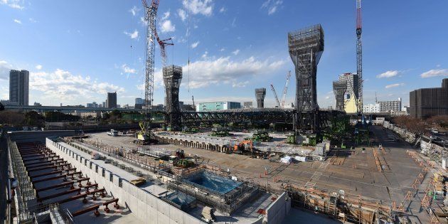 This picture shows a general view of the construction site for the Tokyo 2020 venue 'Olympic Aquatics Center' in Tokyo on February 6, 2018. The new facility will host Aquatics (Swimming, Diving, Synchronised Swimming) during the 2020 Tokyo Olympic Games. And also the Paralympic Games will hold swimming events. / AFP PHOTO / Kazuhiro NOGI (Photo credit should read KAZUHIRO NOGI/AFP/Getty Images)