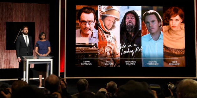 John Krasinski, left, and Academy President Cheryl Boone Isaacs announce the Academy Awards nominations for best performance by an actor in a leading role at the 88th Academy Awards nomination ceremony on Thursday, Jan. 14, 2016, in Beverly Hills, Calif. The 88th annual Academy Awards will take place on Sunday, Feb. 28, 2016, at the Dolby Theatre in Los Angeles.